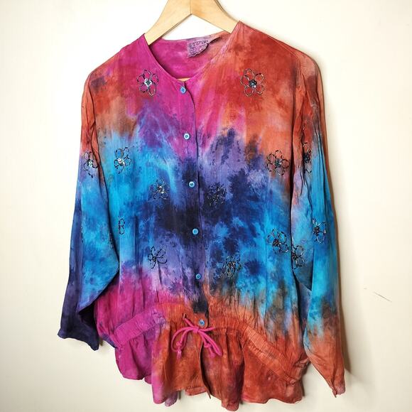 2 Of Us Tie Dye Button Up Shirt Beaded Flower Boho Hippie - Picture 4 of 14